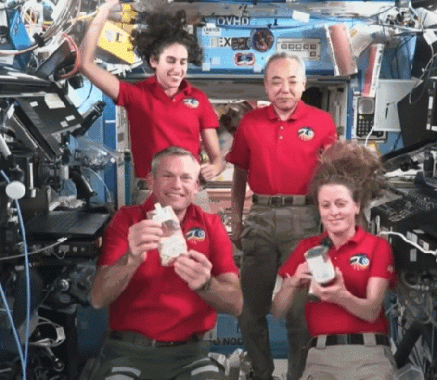 جشن گرفتن یاسمین مقبلی و دیگر فضانوردان در ایستگاه فضایی/عکس
