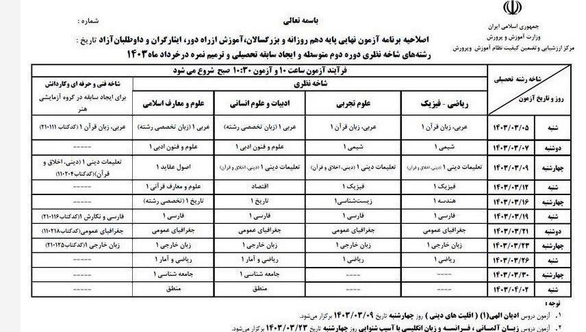 عکس برنامه امتحانات نهایی جدید دانش آموزان پایه دهم و یازدهم و دوازدهم خرداد 1403