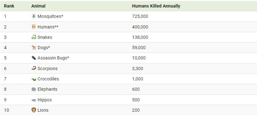 10 حیوان مرگباری که هر ساله بیشترین کشته شدن افراد را می کشند + اینفوگرافیک