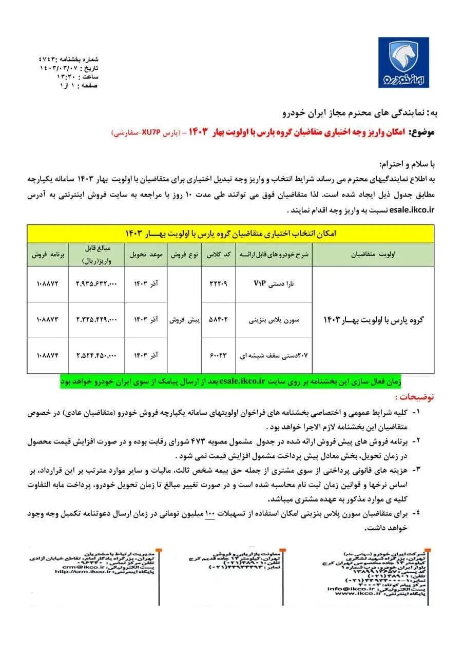 فروش فوری سه محصول ویژه ایران خودرو خرداد 1403/جدول