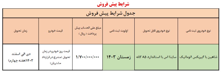 پیش فروش خودرو شاهین اتوماتیک - خرداد 1403