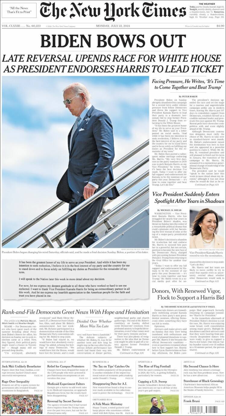 روزنامه نیویورک تایمز و پوشش خبر کناره گیری جو بایدن از نامزدی انتخابات