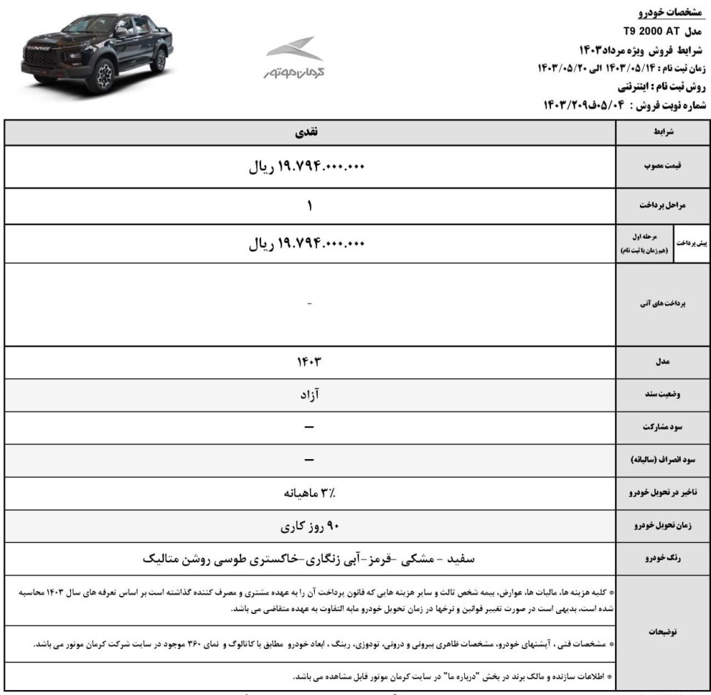 شرایط فروش نقدی و اقساطی کرمان موتور اعلام شد: مرداد 1403