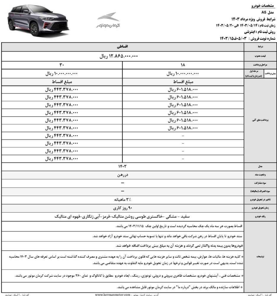 شرایط فروش نقدی و اقساطی کرمان موتور اعلام شد: مرداد 1403