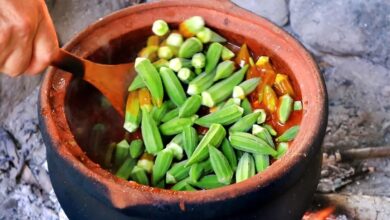 طرز پخت دیدنی خورش بامیه در طبیعت ترکیه (فیلم)