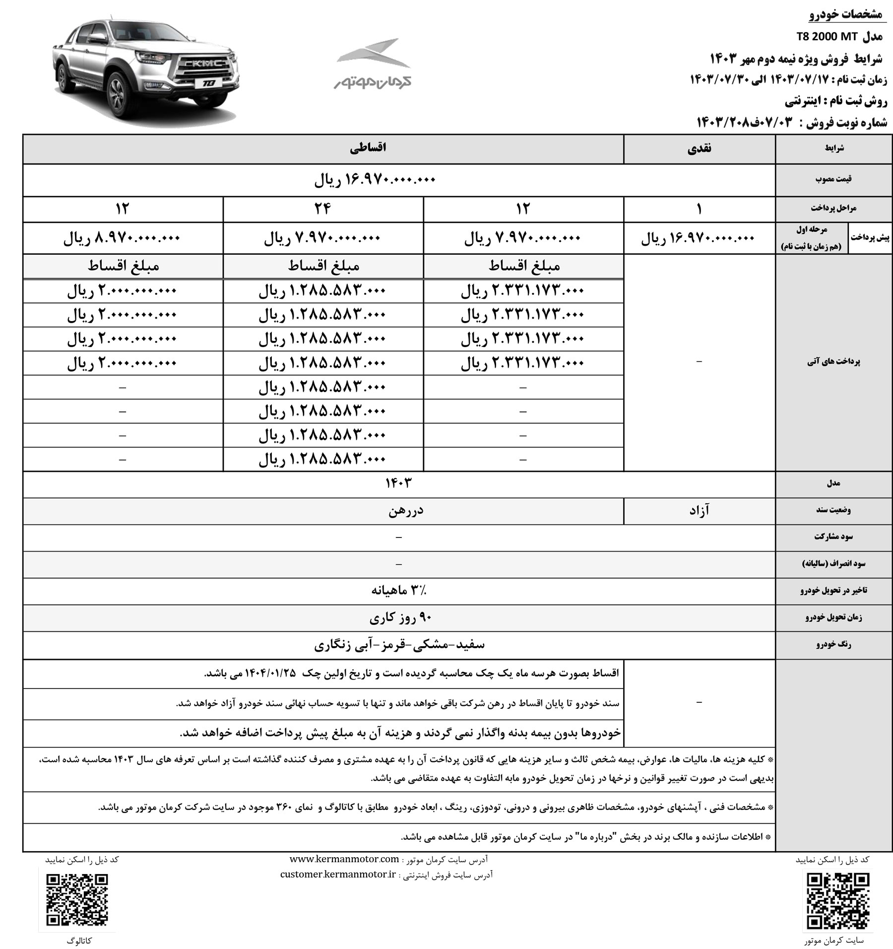 شرایط پرداخت و اقساط 4 محصول کرمان موتور اعلام شد - مهر 1403