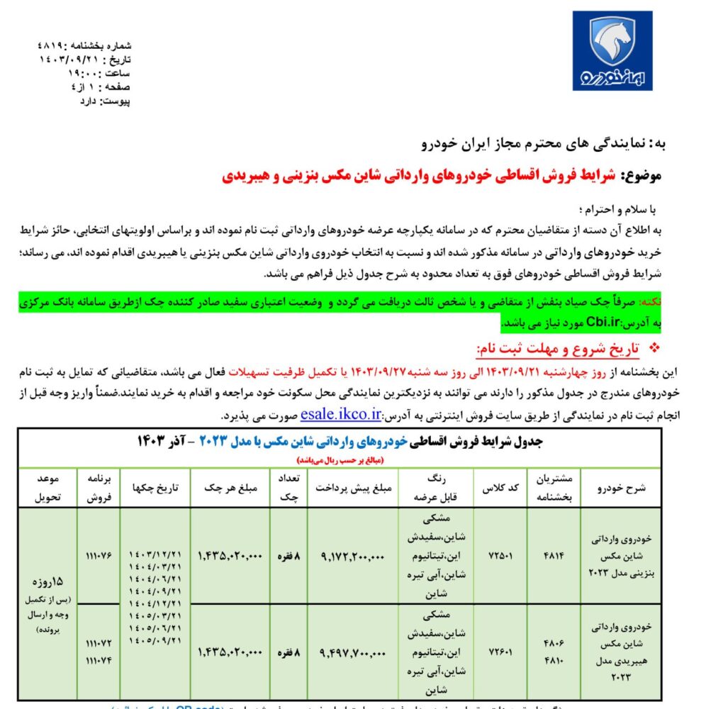 شرایط فروش اقساطی سدان وارداتی ایران خودرو - آذر 1403