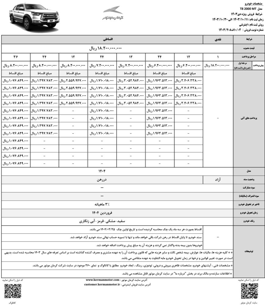 شرایط فروش نقدی و اقساطی KMC T8 اعلام شد - ژانویه 1403