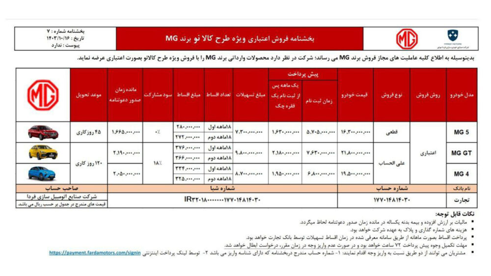 قیمت جدید ام جی