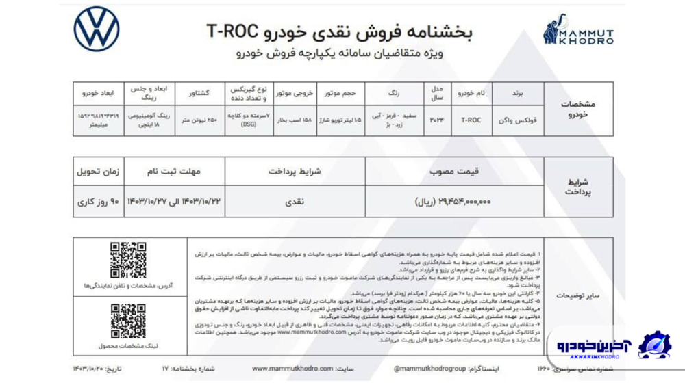 شرایط فروش و قیمت نهایی فولکس واگن تیراک مشخص شد. دی 1403