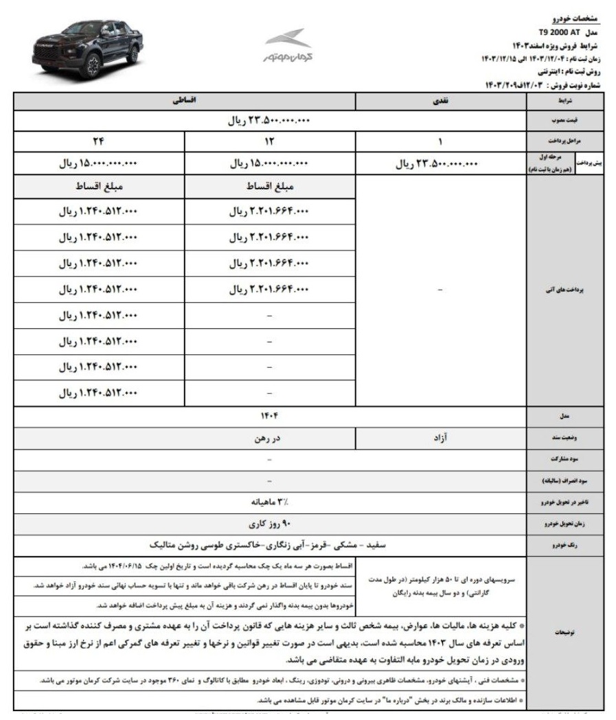 جک T9 Kerman Motor Cash & Fees (اسفند 1403)