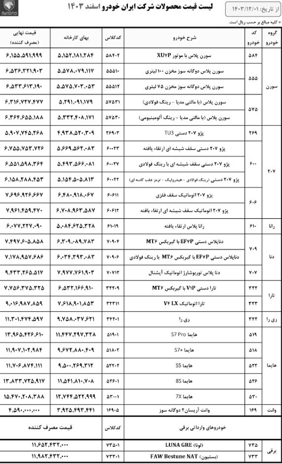 عکس | لیست قیمت محصول ایران Khodro در اسفند 1403 راه اندازی شد | فوتبال روزانه