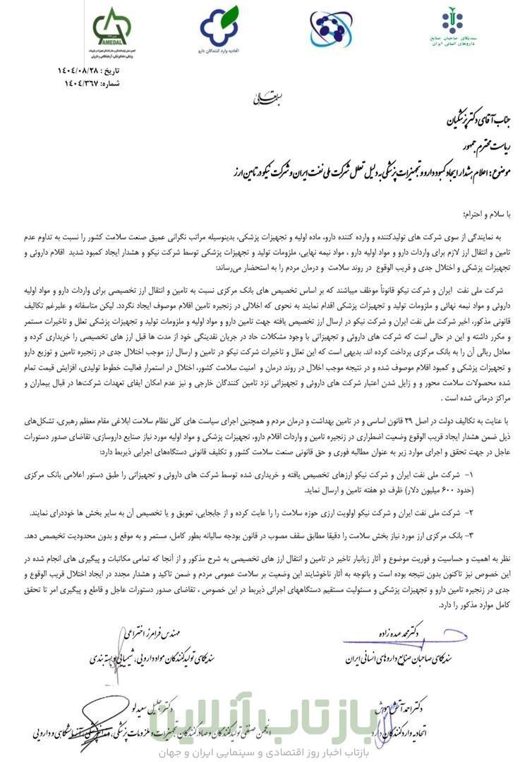 نامه چهار تشکل دارو و تجهیزات به رئیس جمهور؛ اوضاع بحرانی است